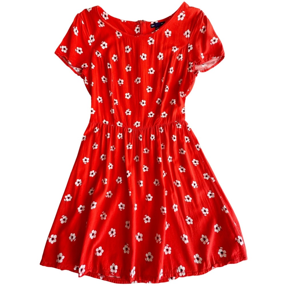 Gap Womens Red Floral Print Short Sleeve Fit and Flare Rayon Mini Dress Size 4